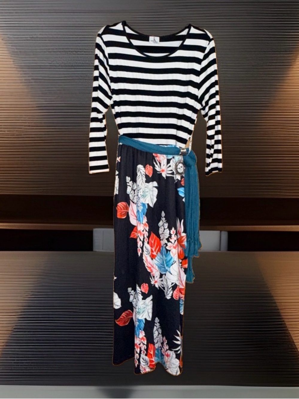 L & L Boutique Black & White Striped Maxi Dress w/Floral Skirt & Teal Belt-L-EC